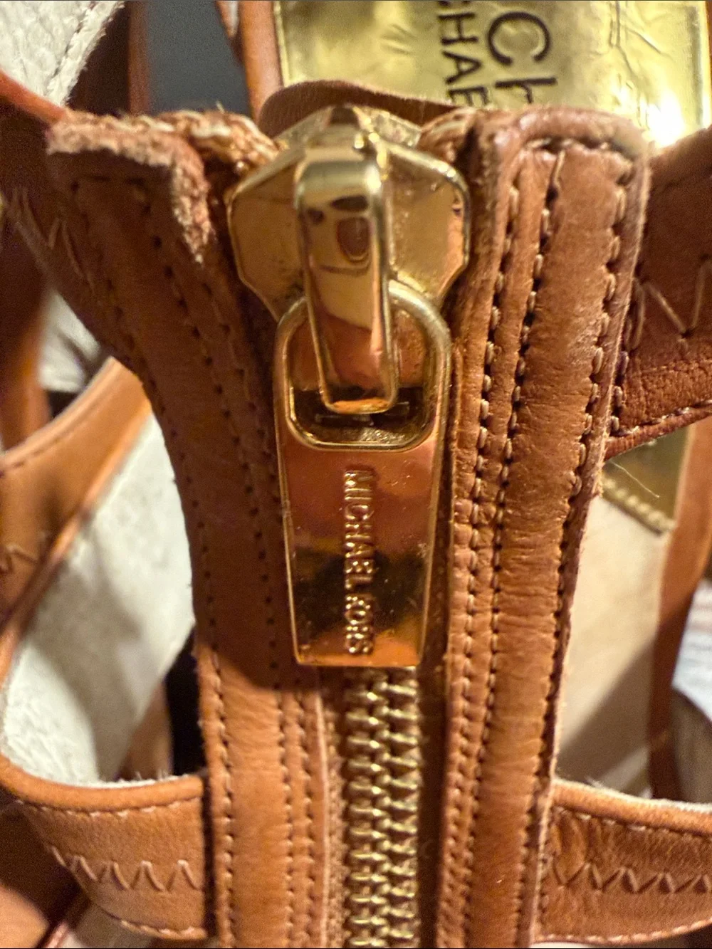 Michael Kors Leather T-Strap Platform Peep Toe Heels Cognac Browb Size 7.5